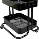 2 Tier Cart with Wheels Heavy Duty Metal Rolling Storage Cart for Under Desk Storage, Short Small Utility Shelf for Pantry Kitchen Bathroom Laundry, Home Organizer with Large Basket, Black