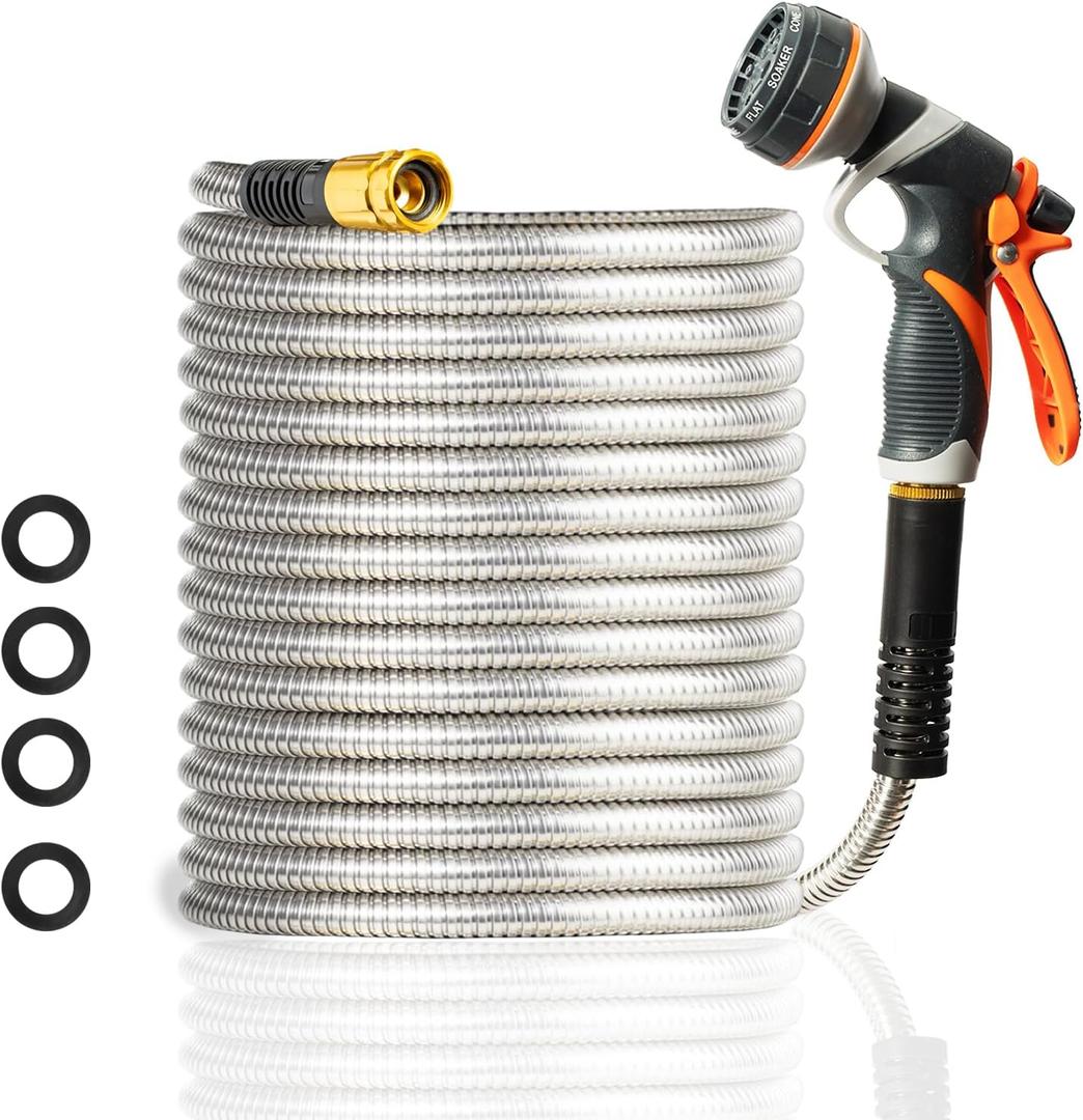 Metal Garden Hose 150FT Heavy Duty Lightweight 304 with Brass Nozzle,Durable Fittings,No Kink & Tangle,Puncture Resistant,Easy to Use & Store for RV,Outdoor, Yard,Ligh (150ft)