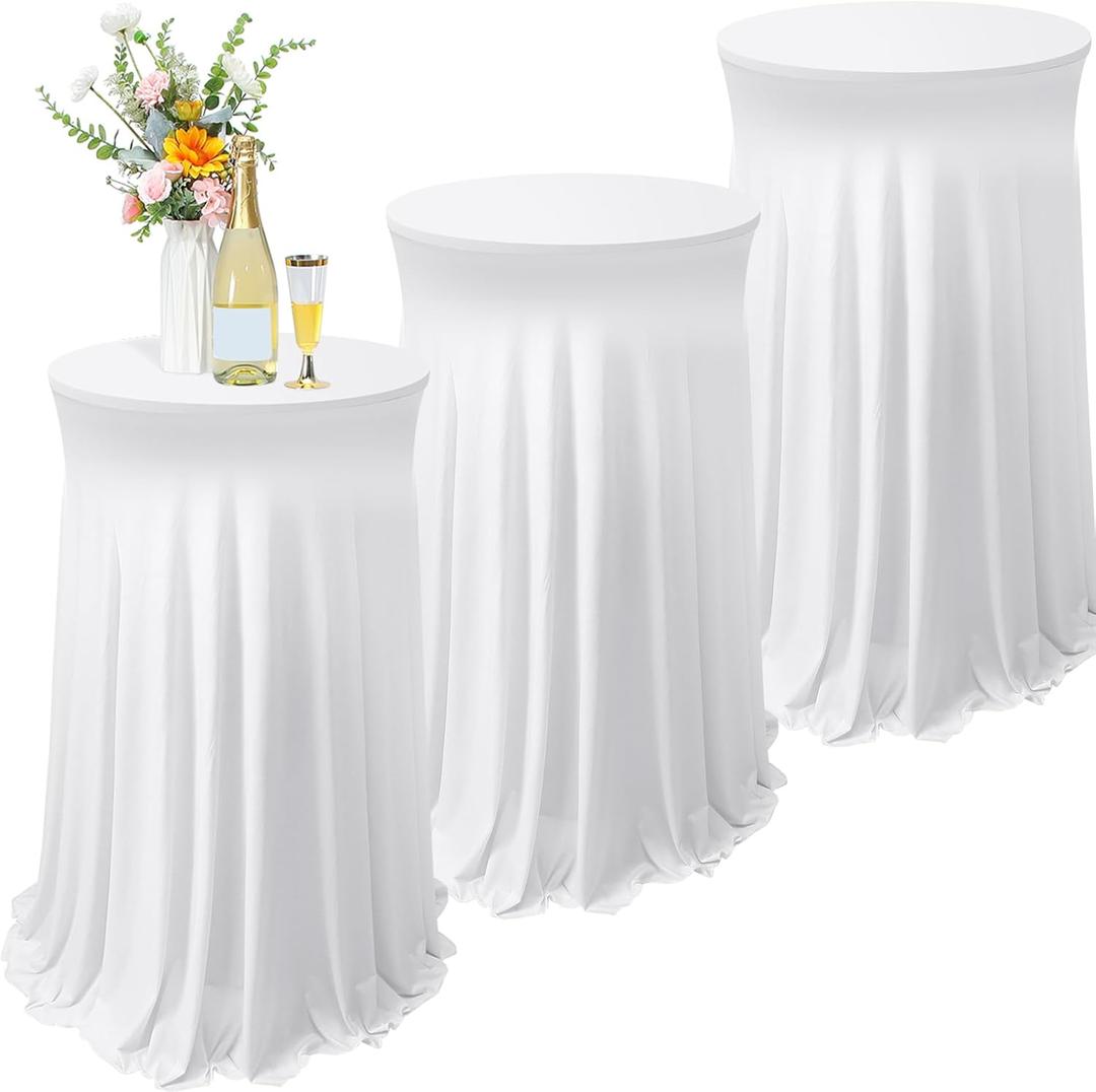 Tegeme 3 Packs 32 x 43 Inch Round Spandex Cocktail Tablecloths with Skirt Cocktail Round Table Cover Spandex Stretch Tablecloth for Fitted High Top Table Bar Wedding Party Banquet (White)