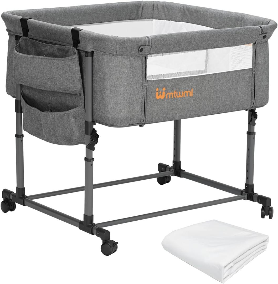 MTWML Twin Bassinet for 2 Babies,Portable Twins Crib with Storage Bag and Replaceable Mattress Cover,Adjustable Height Double Bedside Crib Attaches to Bed with Strap for 0-6 Months (Deep Grey)