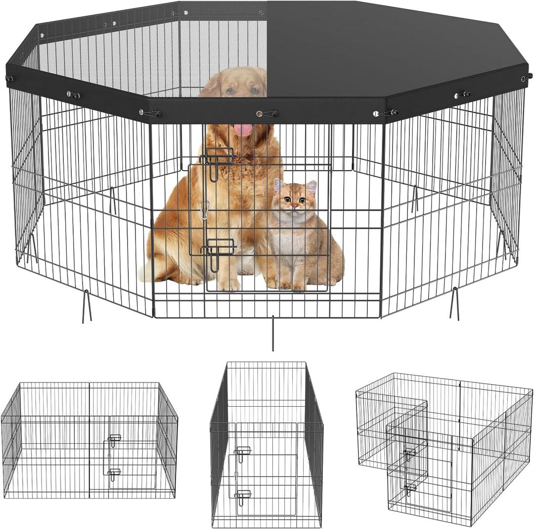 VEVOR Dog Playpen, 24" H 8-Panel Foldable Metal Pen with Top Cover & Door