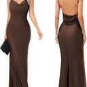 Capuffy Women Drape Neck Formal Maxi Dresses Lace Backless Cocktail Party Dress Spaghetti Straps Mermaid Evening Gown 221 (Large, Coffee)