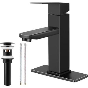 Herogo Black Bathroom Faucet, Stainless Steel Modern Bathroom Sink Faucets with Pop-up Sink Drain & Deck Plate 1 or 3 Hole, Single Handle RV Washbasin Lavatory Faucet with 2 Water Hoses