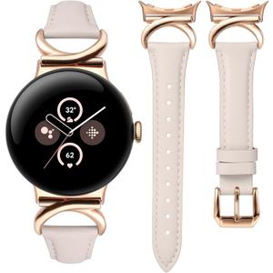 Minyee Leather Band Compatible with Google Pixel Watch 4/3 41mm/Pixel Watch 2/1 Bands Women,Slim Thin Dressy Designer Premium Leather Strap with C-Shape Metal Buckle for Google Smartwatch Accessories (Starlight/Rose Gold)