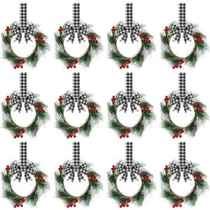 Crowye 12 Pcs Small Mini Christmas Cabinets Wreaths for Kitchen with Ribbon 10'' Hanging Artificial Green Leaves Decor Berry for Window Front Door Kitchen Wall Decor (Black and White)