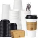 BYSNOW 50 Pack 20 oz Disposable Paper Coffee Cups, Paper To Go Cups with Lids, Sleeve and Straw, Hot Paper Cups for Home, Office and Party (White 20oz)
