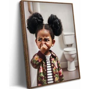 Framed Funny Black Girl Bathroom Canvas Wall art Stank Face Kids Poster Print Artwork African American Painting Picture Wall Decor for Restroom Bathroom Toilet Home Decoration 16x24in