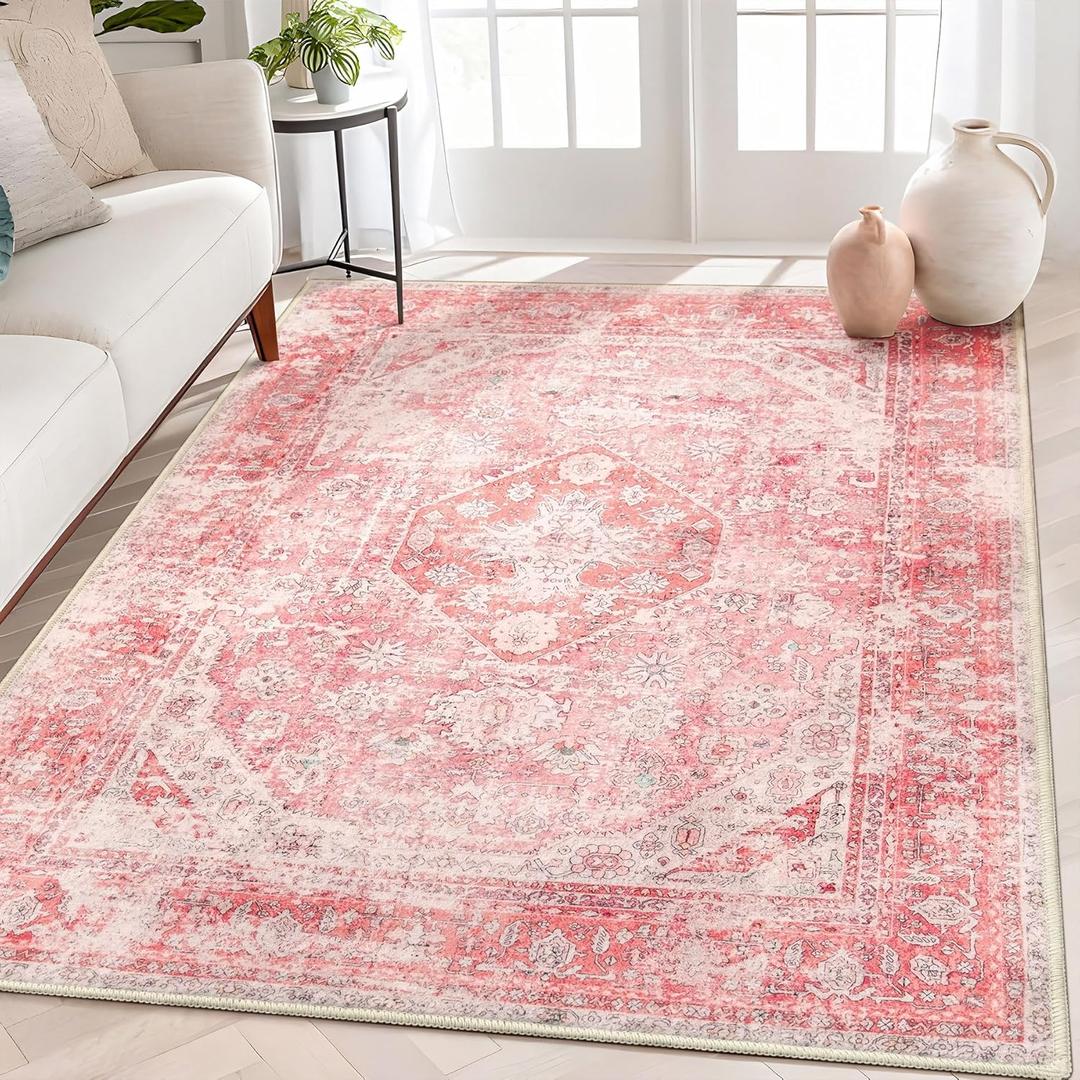 MUJOO Pink Rugs for Bedroom 5x7 Area Rugs Girls Boho Rugs for Living Room Washable Rug Non Slip Throw Carpet for Bedside Dorm Dining Room Indoor Soft Light Pink Floral Home Decor