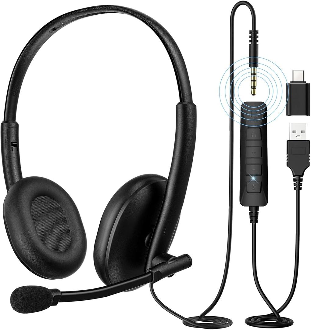 USB Headset with 290 Rotating Noise-Canceling Microphone, USB-A/Type C/ 3.5mm Wired Lightweight Office Headphone with Mute Button & Volume Control for PC, Mac, Cell Phone, Zoom Calls