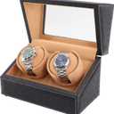 Double Watch Winder for Rolex and Other Luxury Watches - Automatic Winder with Quiet Motor, Premium Black Ostrich Leather Exterior and Soft Flexible Watch Pillows of Camel Velvet