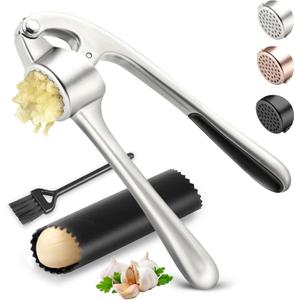 Kitchen Garlic Press, Rust Proof & Dishwasher Safe Garlic Mincer, Durable Garlic Crusher Set with PeelerBrush, Easy to Clean and Squeeze, Matte