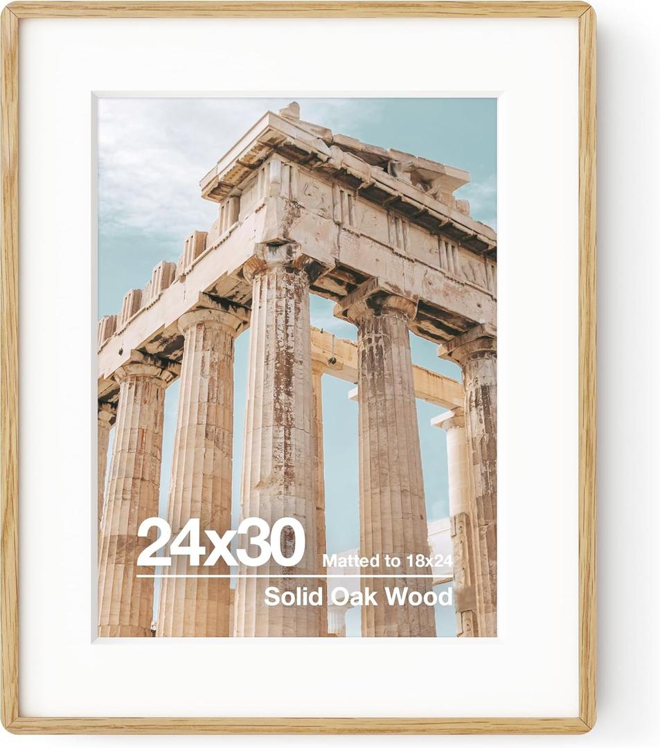 24x30 Frame | Solid Oak Wood 24x30 Poster Frame | 24x30 Puzzle Frame With Mat For 18X24 | Tempered Glass And Hanging Hardware Included | 24 x 30 Poster Frame Wood (Natural Oak, 1 Pack) (24''x30''-1P)