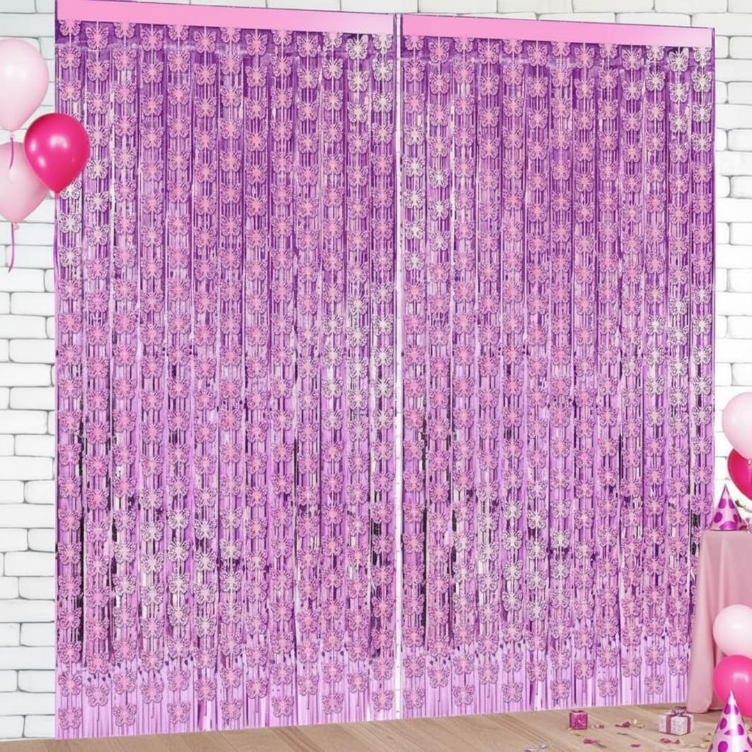 Yeaqee 4 Pcs Foil Fringe Backdrop, Purple Tinsel Curtains Pink Butterfly Foil Curtain for Party Decoration Photo Booth Prop Bachelorette Party Birthday Bridal Shower Wedding Grad Supplies
