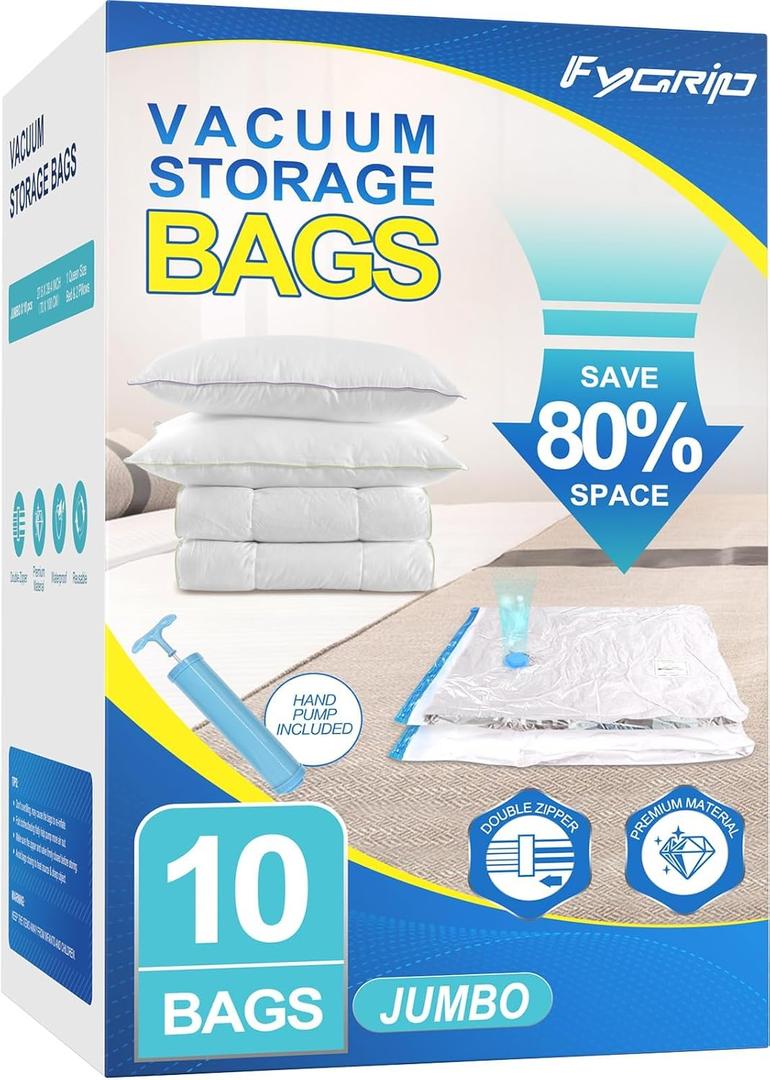 Fygrip Vacuum Storage Bags with Hand Pump, Plastic Packaging Bags, 80% Space Saver Vacuum Seal Bags for Clothing, Travel Lugggage, Blankets, Comforters, 10 Jumbo