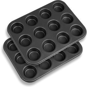 2 Packs Nonstick Round Muffin Baking Pan Tin, 12-Cup Muffin Tin, Cupcake Pans, Cheesecake Pans, Carbon Steel, Black