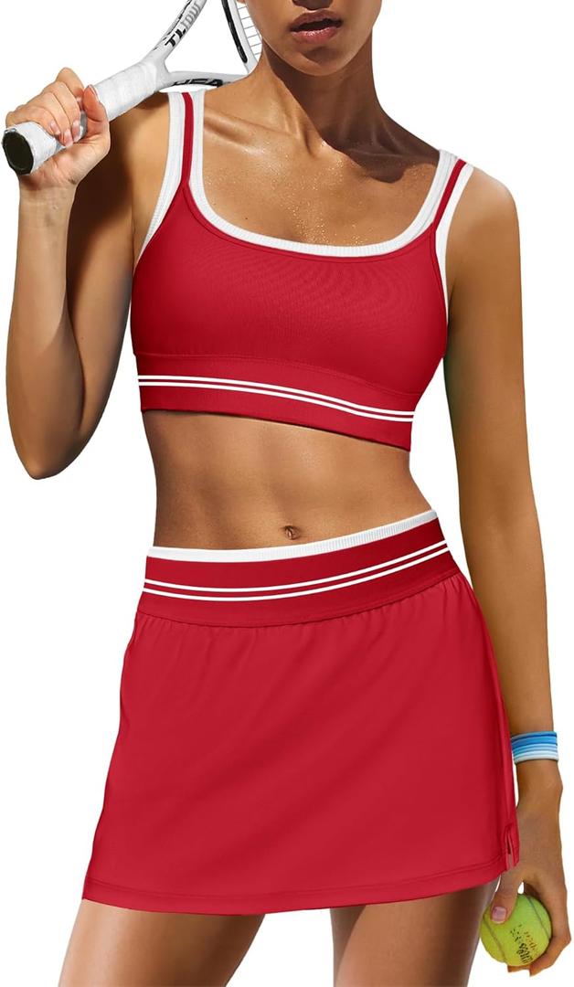 Yanekop Womens Athletic Skirt Sets 2 Piece Workout Sets Tennis Golf Outfit Cropped Tank Top and Skort Set Gym Yoga(Red, XS)