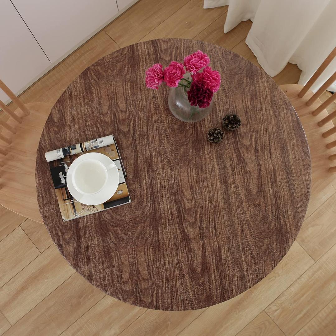 NLMUVW Round Fitted Vinyl Tablecloth with Elastic Edge 100% Waterproof Oil Proof PVC Table Cloth Wipe Clean Table Cover for Indoor and Outdoor, Dark Wood, 40"- 44"