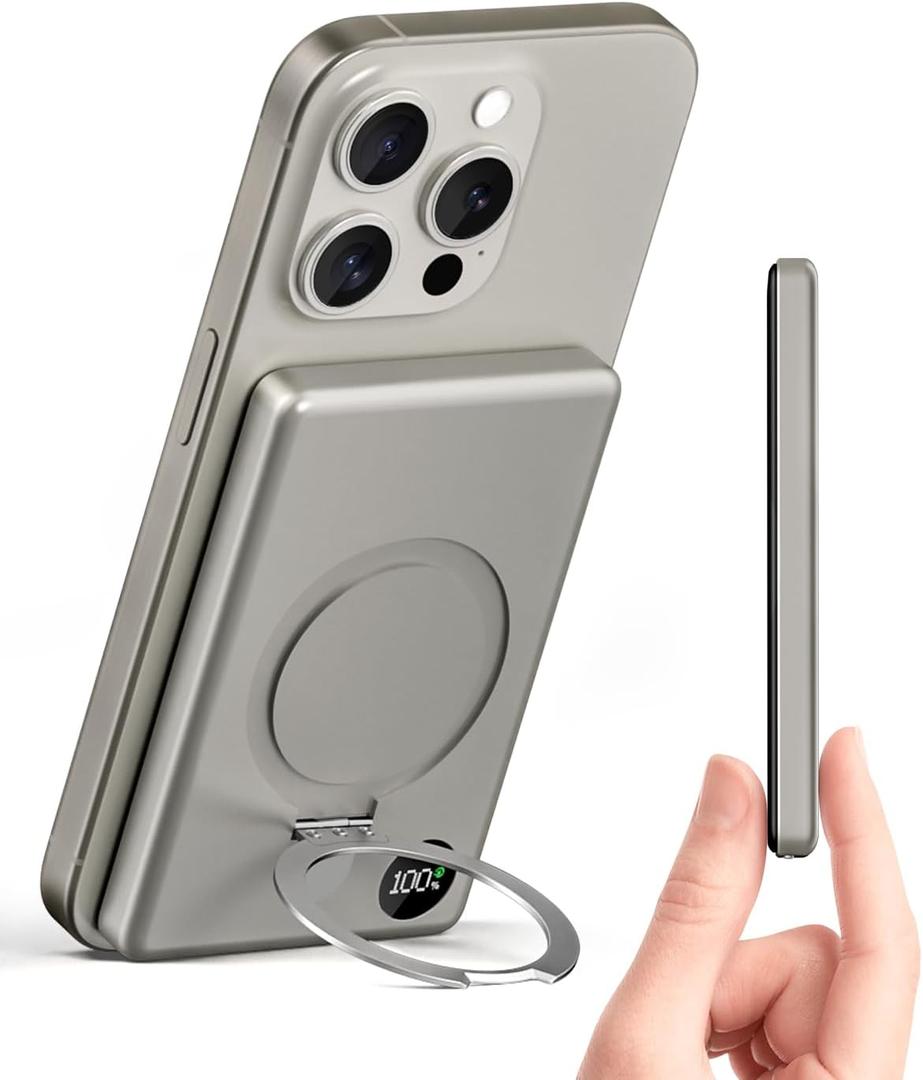 for MagSafe Battery Pack, 10000mAh Magnetic Power Bank PD 20W Portable Charger, LED Display & Foldable Stand, Ultra Slim Powerbank for iPhone 15/14/13/12 Series (Titanium)