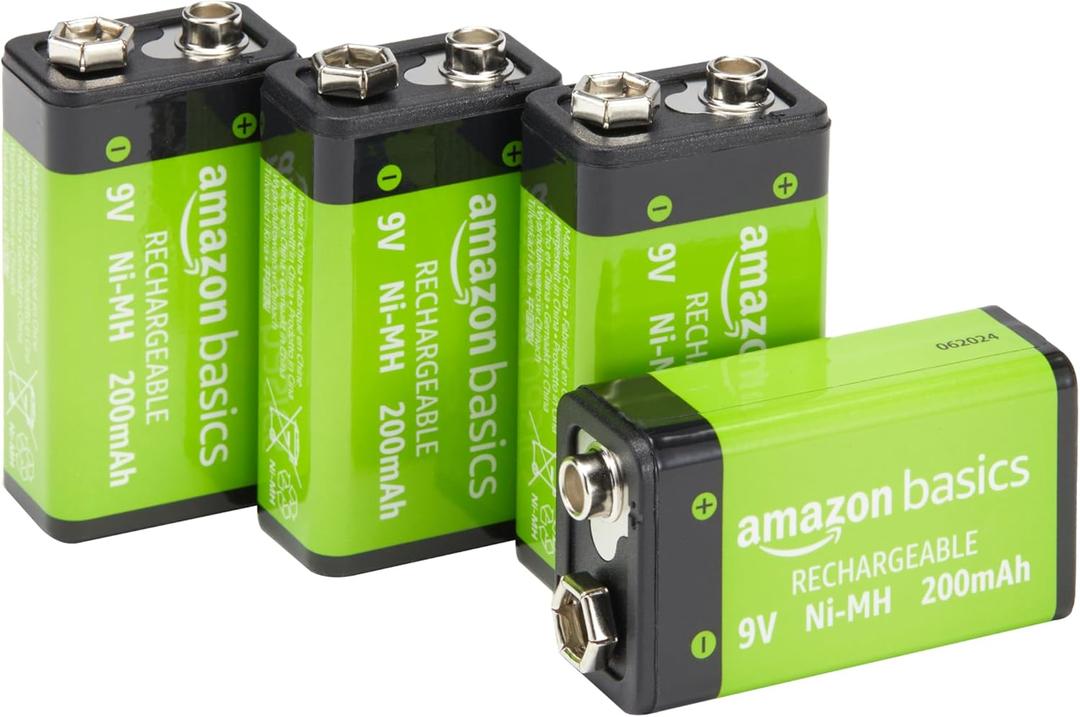 Amazon Basics Rechargeable 9 Volt Batteries, 4-Pack, NiMH, 200 mAh, Long Lasting Power, Recharge up to 1000x Times , Pre-Charged
