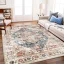CHAMPLANT Washable Vintage Area Rug 6'x9' Boho Beige Blue Chic Medallion Distressed Design Non-Shedding Easy Care Ideal for High Traffic Areas in Living Room Bedroom Kitchen Office Large Carpet