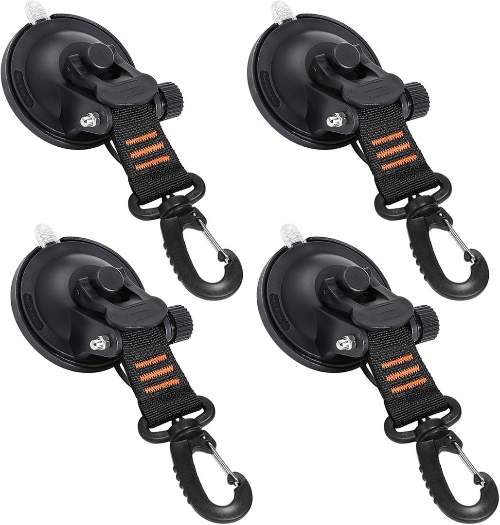 CONBOLA Suction Cups Hooks 4 Pieces Outdoor Car Camping Essentials Heavy Duty Upgraded Tie Down Suction Cup,Camper Accessories Strong Power for RV Boat Window Glass Camping Trap.(4 pcs,Orange) (Energetic Orange line)
