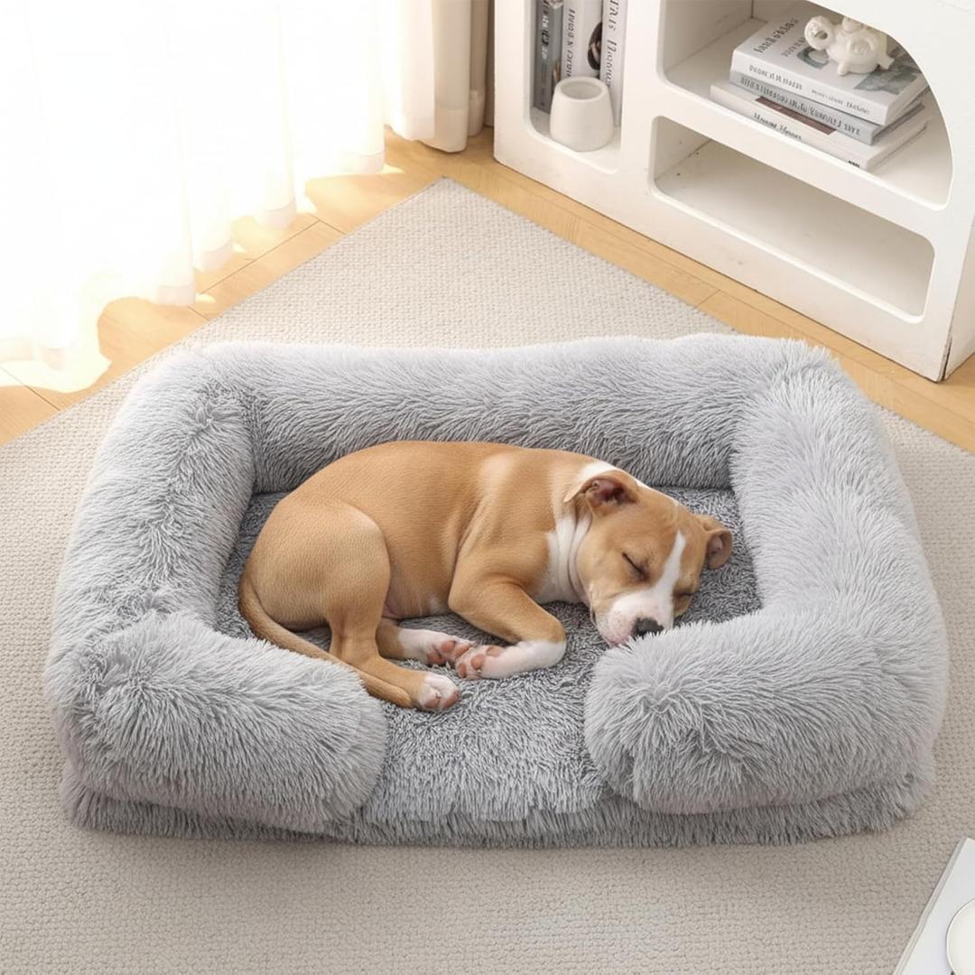 Orthopedic Dog Bed for Large Dogs - Washable Memory Foam Pet Sofa, Fluffy Plush Rectangular Bed, Waterproof Anti-Anxiety Couch, Light Gray, L