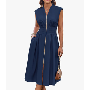 GRACE KARIN Womens Summer Casual Dress V Neck Cap Sleeve Zipper Front Flowy Midi Dress with Pockets Navy Blue S