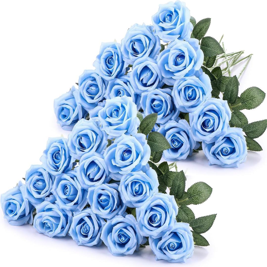 Hotop 40 Pcs Rose Artificial Flowers Bulk with Long Stem,Realistic Silk Fake Roses Bouquet for Home Wedding Centerpieces Party Table Decoration Valentines Gifts(Light Blue)