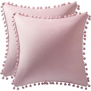 DEZENE 20x20 Throw Pillow Covers Pink: 2 Pack Cozy Soft Pom-poms Velvet Square Decorative Pillow Cases for Farmhouse Home Decor