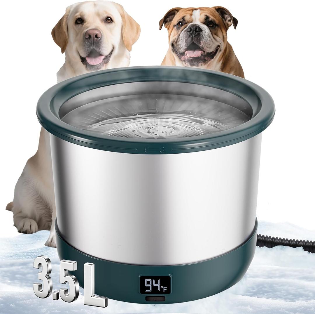 3.5L Heated Water Bowl, Stainless Steel Heated Dog Bowl with Digital Display and Adjustable Temperature, Heated Outdoor Pet Water Bowl Provides Warm Water for Dogs (Green)