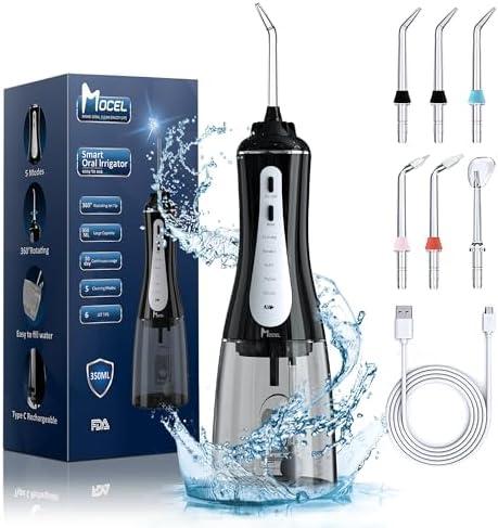 MOCEL Water Dental Flosser Oral Irrigator with 5 Modes, 350ml Cordless Water Teeth Cleaner Pick 6 Tips, IPX7 Waterproof Rechargeable Portable Powerful Battery for Travel & Home Braces & Bridges Care