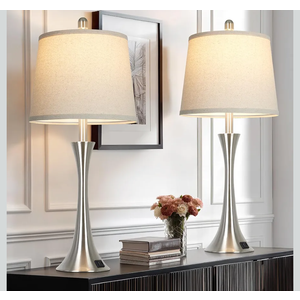 27.5" Silver Table Lamps Set of 2, Touch Bedside Lamps with USB C+A Ports, 3 Way Dimmable Nightstand Lamps for Bedroom, Living Room, Office, Silver Lamp with Beige Lampshade, Bulbs Included