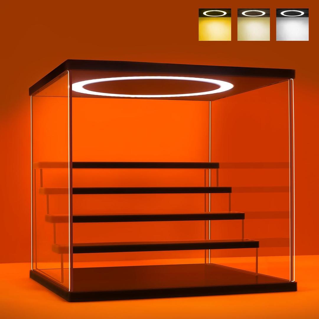 Acrylic Display Case with Adjustable LED Light, 5 Tier Clear Display Box Dustproof Showcase for Action Figures, Collectibles and Mini Toys, Assembly Display Cabinet(Black 12.512.211.8in)