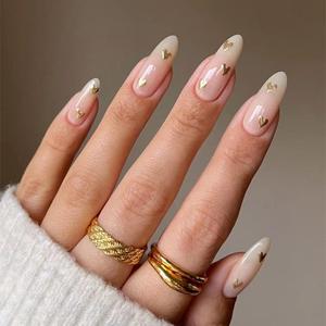 Valentine's Day Press on Nails Almond Fake Nails Medium Length False Nails with Design Gold Love Heart Stick on Nails Full Cover Glossy Acrylic Glue on Nails Nude Artificial Nails for Women 24Pcs
