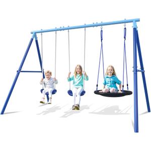 3-in-1 Swing Set for Backyard for Kids 3-8, 550lbs, Heavy Duty Metal A-Frame for Outdoor Playset, Two Blow-Molded Swing Seats and One 32-inch Saucer Swing for Kids Playground (Blue)