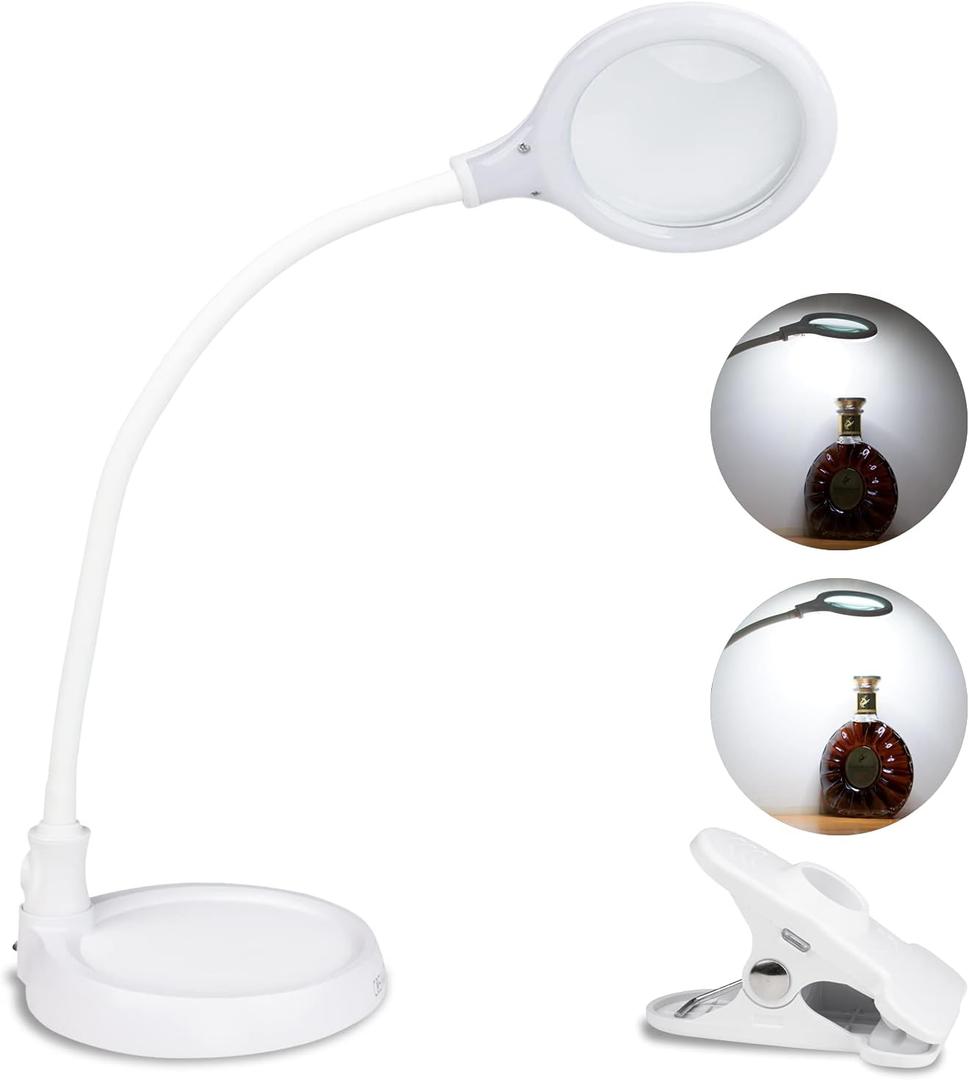 5X LED Magnifier Work Lamp - Hands Free Lighted Magnifying Glass for Reading, Crafts, Sewing, Hobbies (White)