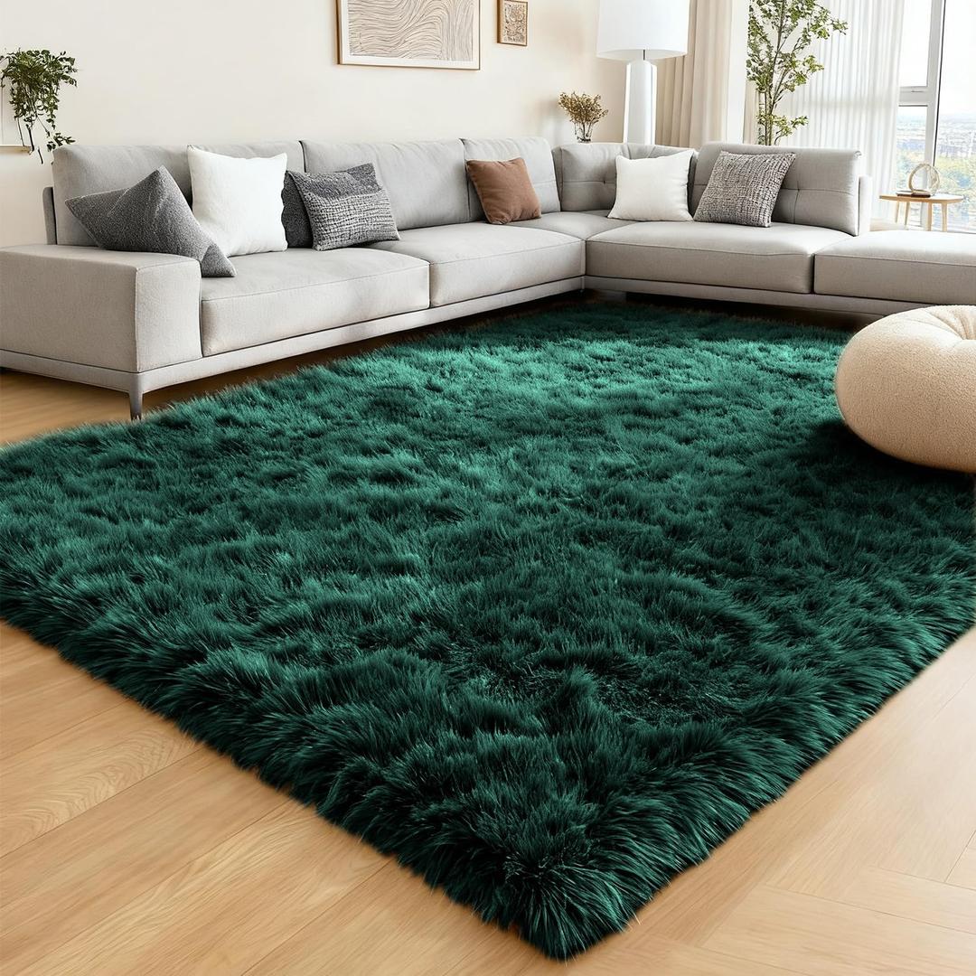 Ompaa Dark Green Rug 8x10 Fluffy Emerald Area Rugs for Bedroom Living Room Carpet, Non-Slip High Pile, Modern Fuzzy Shaggy Deep Grass Green Rug for Classroom Kids Playroom Nursery Home Office Decor