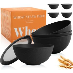 40 OZ Unbreakable Cereal Bowls with Lids, Wheat Straw Bowls Set of 4 with Unique Pattern, Reusable Plastic Bowl for Cereal, Soup, Salad and Ramen, Indoor & Outdoor Essentials, Black