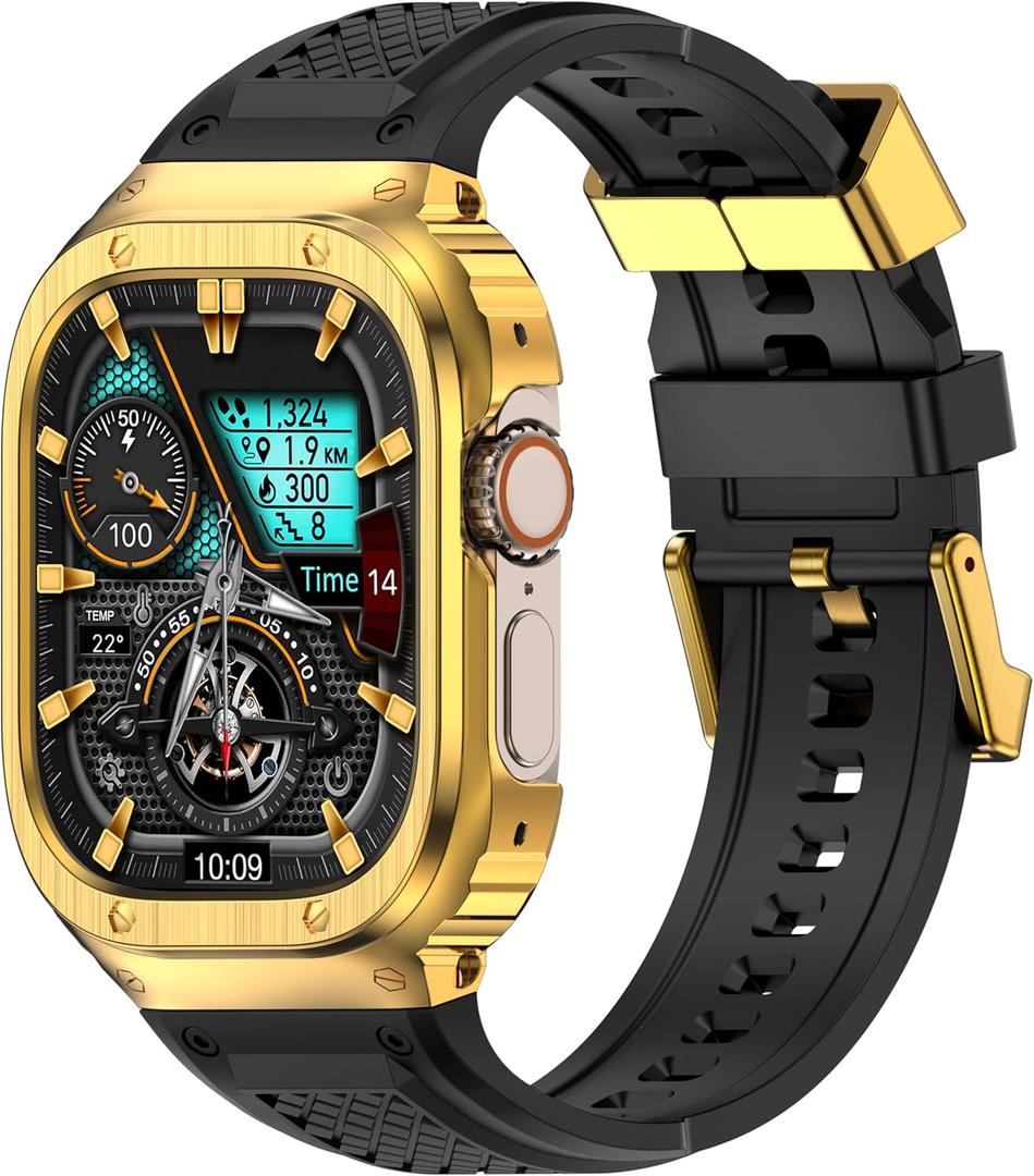 Band with Stainless Steel Case Compatible with Apple Watch Series Ultra 1 2 3 49mm Band, iwatch Bands Rugged Metal Protective Cover for Men (Gold)