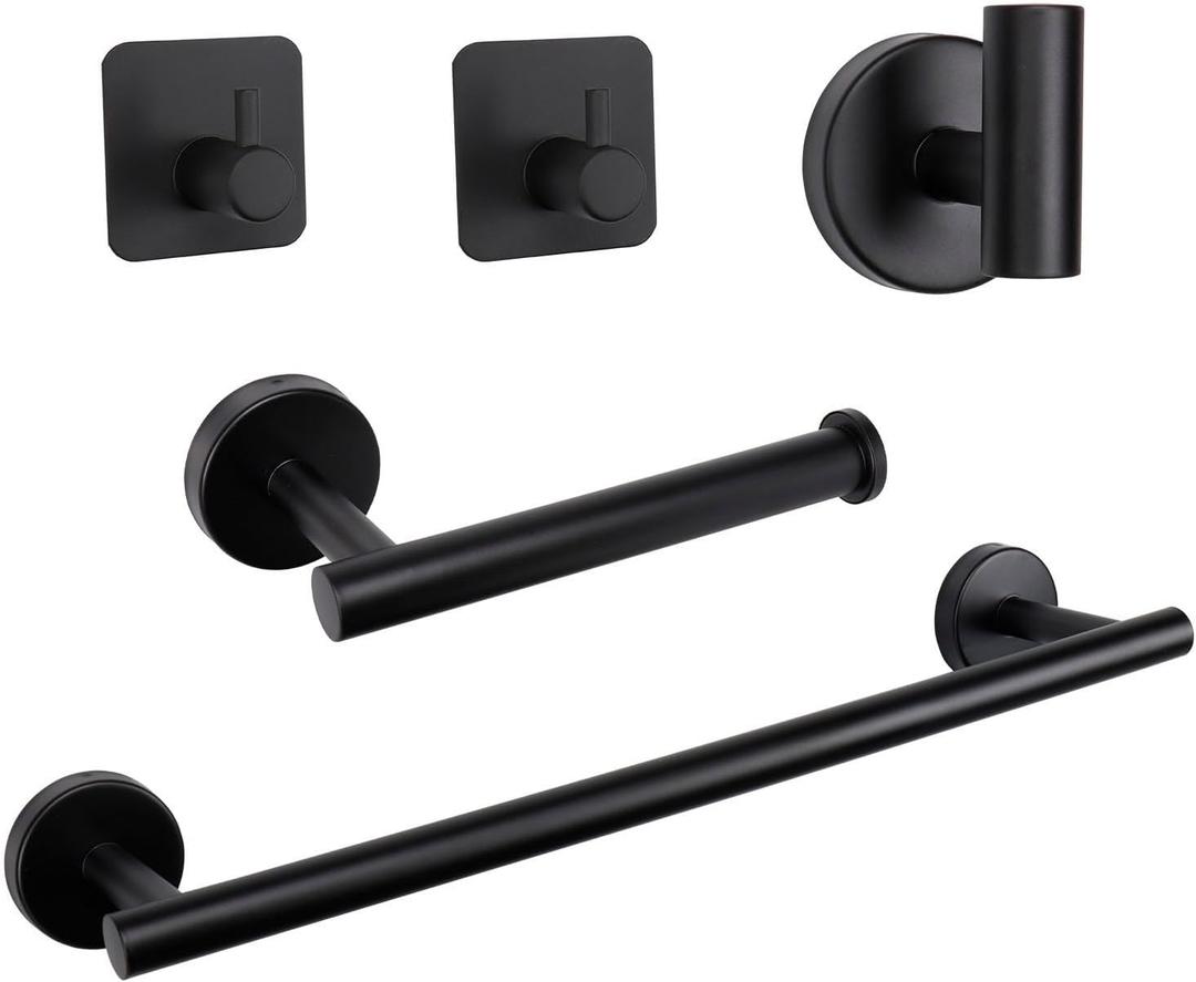 TocTen Bathroom Hardware Set, Thick Stainless Steel Bath Towel Bar Set Including Towel Rack for Bathroom+Toilet Paper Holder+3 Robe Towel Hooks Wall Mount Bathroom Accessory Set(16IN,Matte Black)
