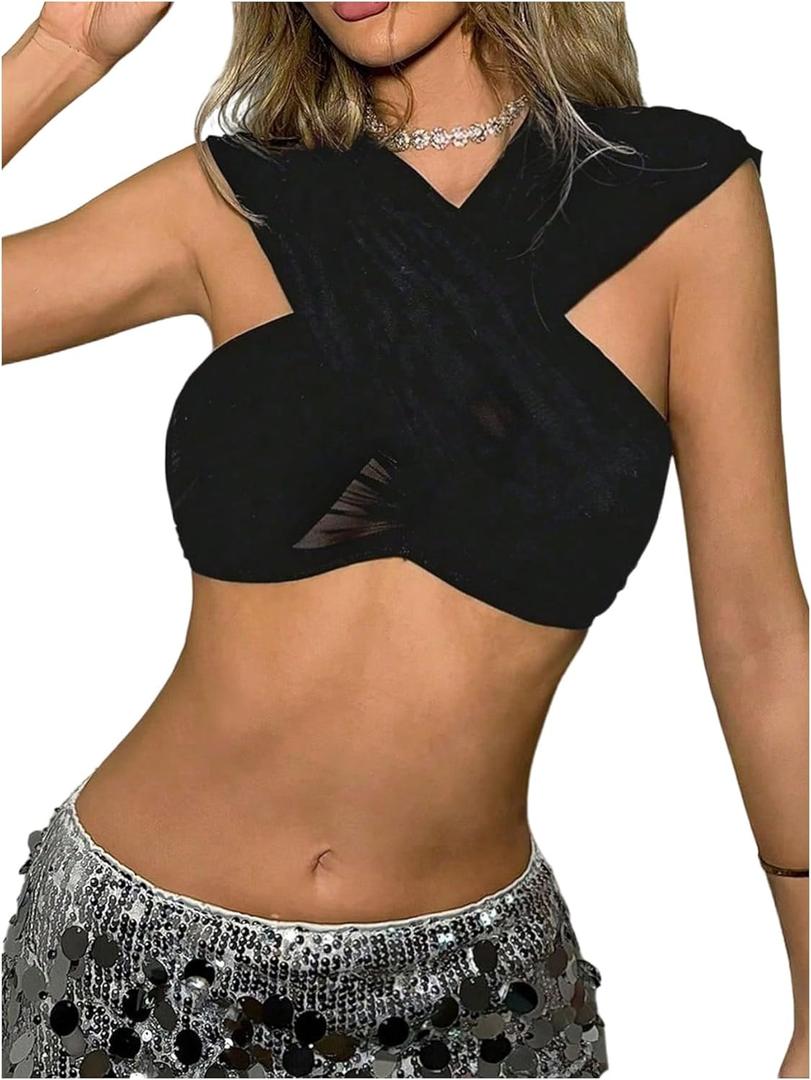 SHENHE Women's Sexy Criss Cross Hooded Crop Tank Top Sleeveless Fitted Party Rave Outfits Top (Black), X Small