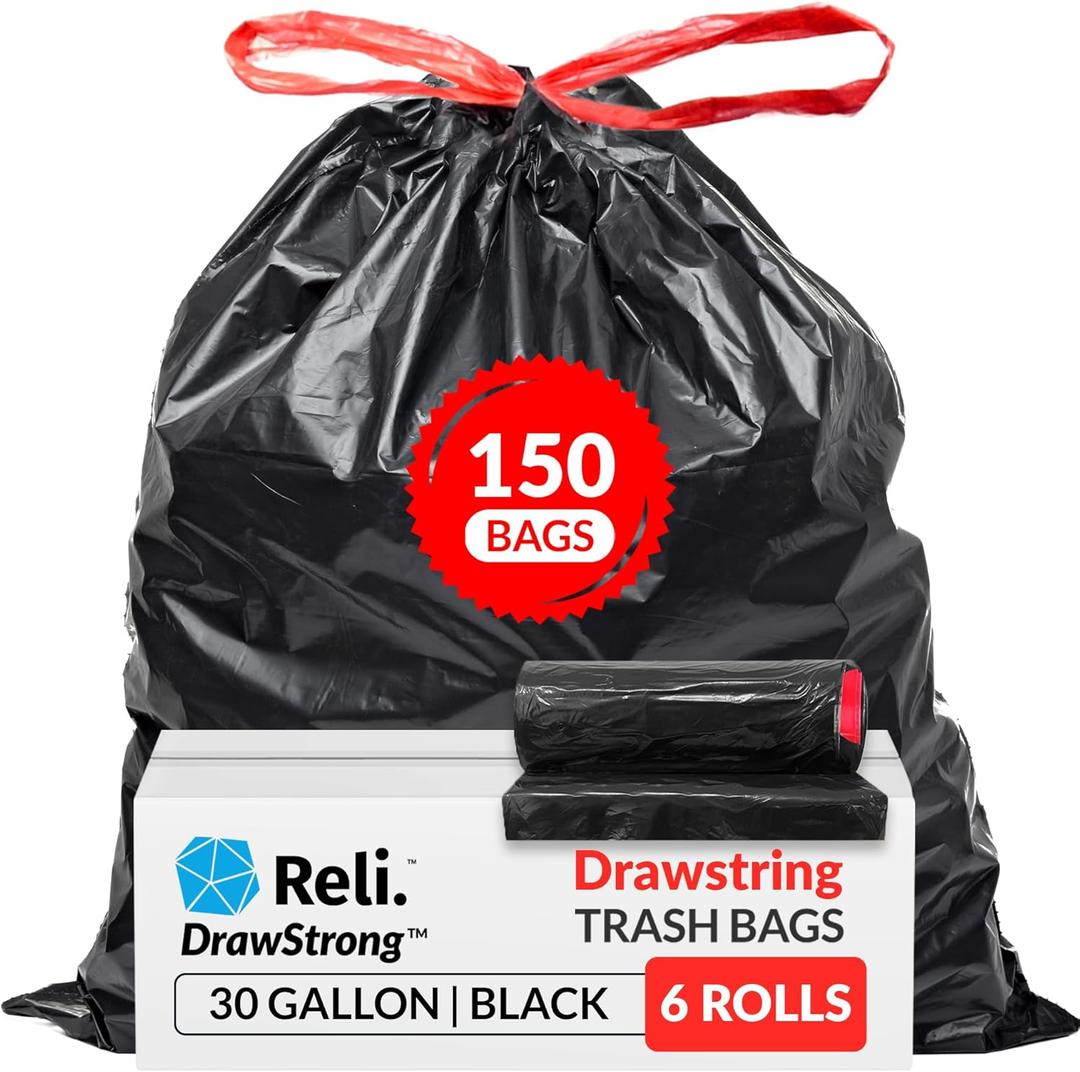 Reli. 30 Gallon Trash Bags Drawstring | 150 Count | Black | 30 Gallon Garbage Bags Heavy Duty | Large 30 Gal