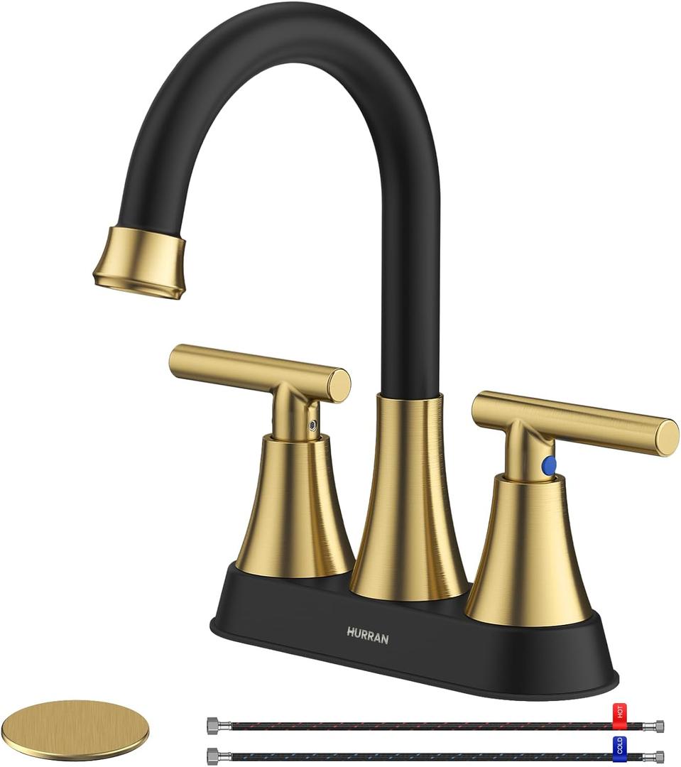 Bathroom Faucets for Sink 3 Hole, Hurran 4 inch Black and Gold Bathroom Sink Faucet with Pop-up Drain and Supply Hoses, Stainless Steel Lead-Free Centerset Faucets for Vanity RV