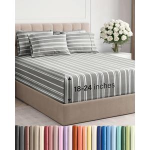 Extra Deep Queen Sheet Set - 6 Piece Breathable and Cooling Sheets - Hotel Luxury Bedding for Women, Men, Kids & Teens - Easy Secure Fit - Soft and Wrinkle Free with Extra Deep Pockets - Grey Stripes