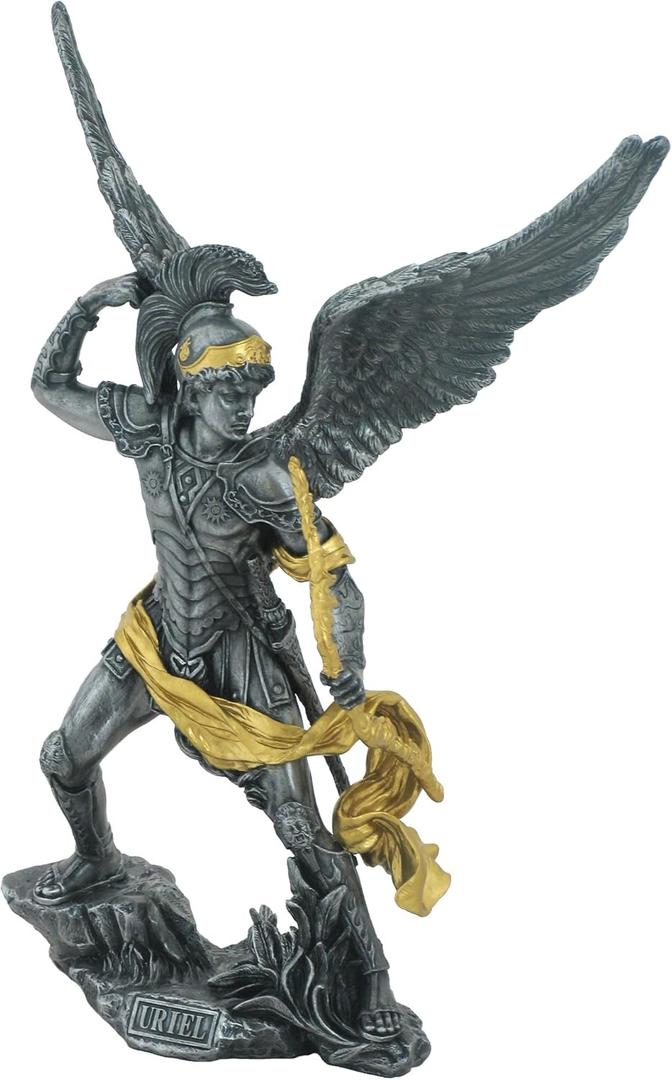 13.38 Inch Archangel Uriel Decorative Figurine, Pewter and Gold Color