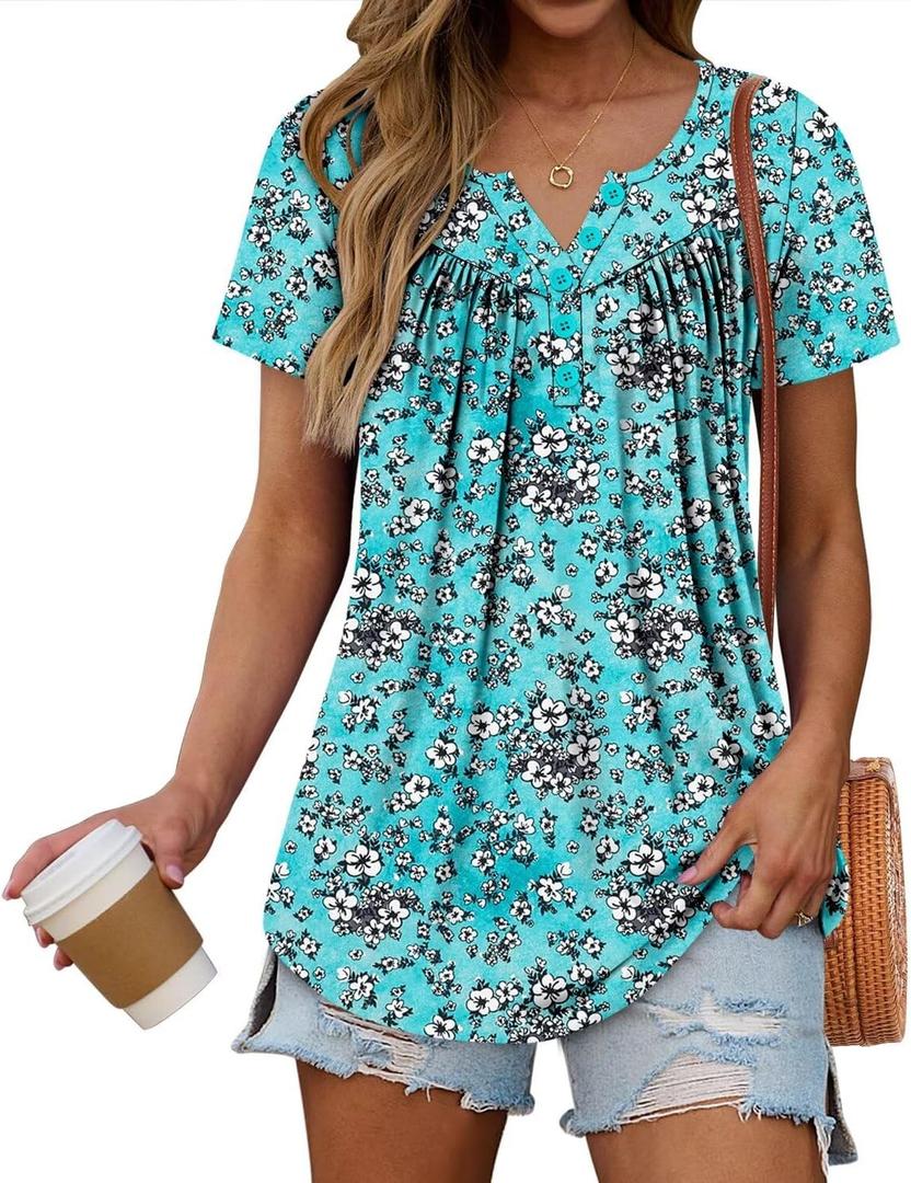Womens Plus Size Summer Tunic Tops Short Sleeve Henley Shirts Ladies Flowy Casual Blouses for Leggings Blue S