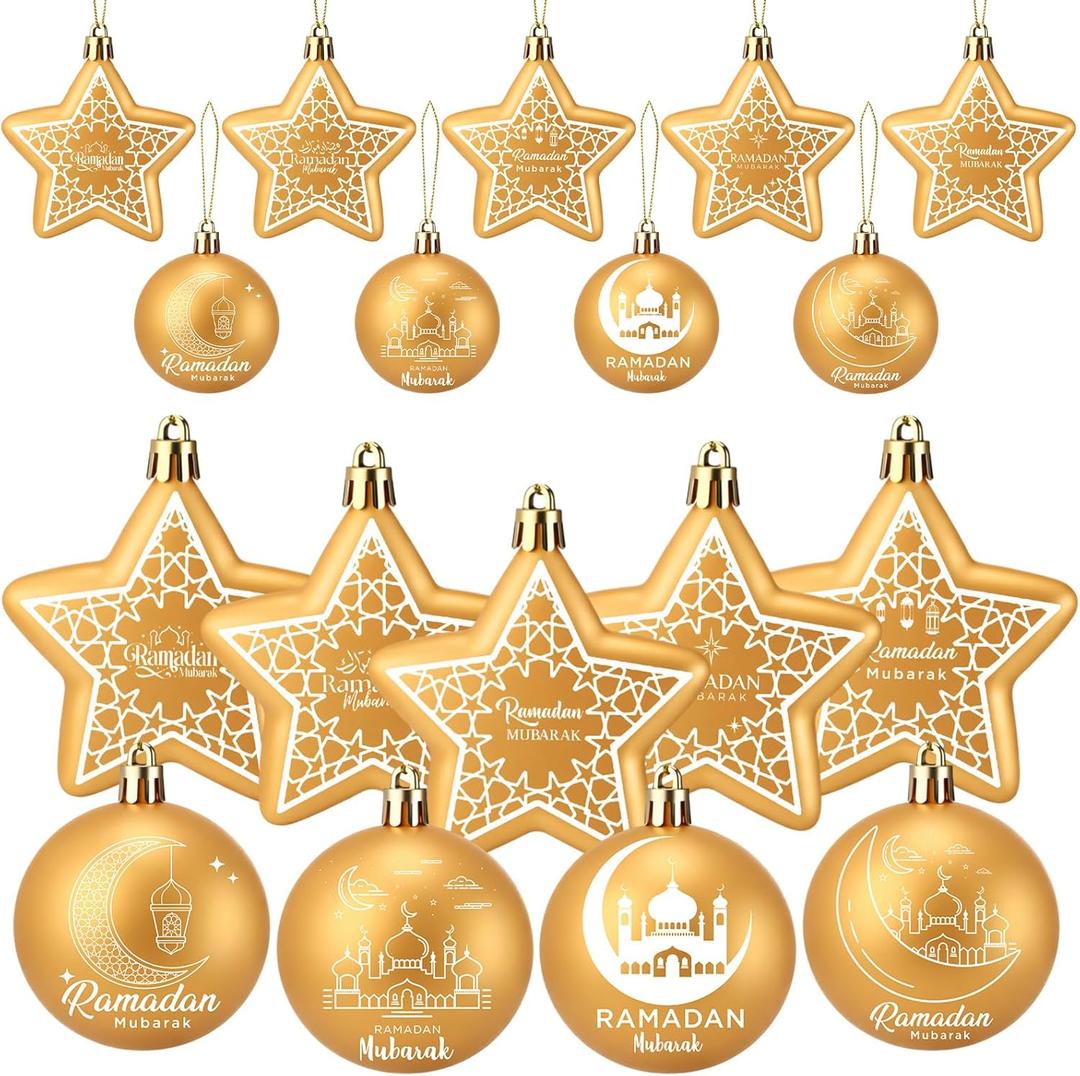 18 Pcs Ramadan Mubarak Ornaments Gold Moon Ornaments Plastic Eid Mubarak Hanging Balls Star Ramadan Islamic Decorations for Islamic Muslim Home Window Christmas Tree Party Decor
