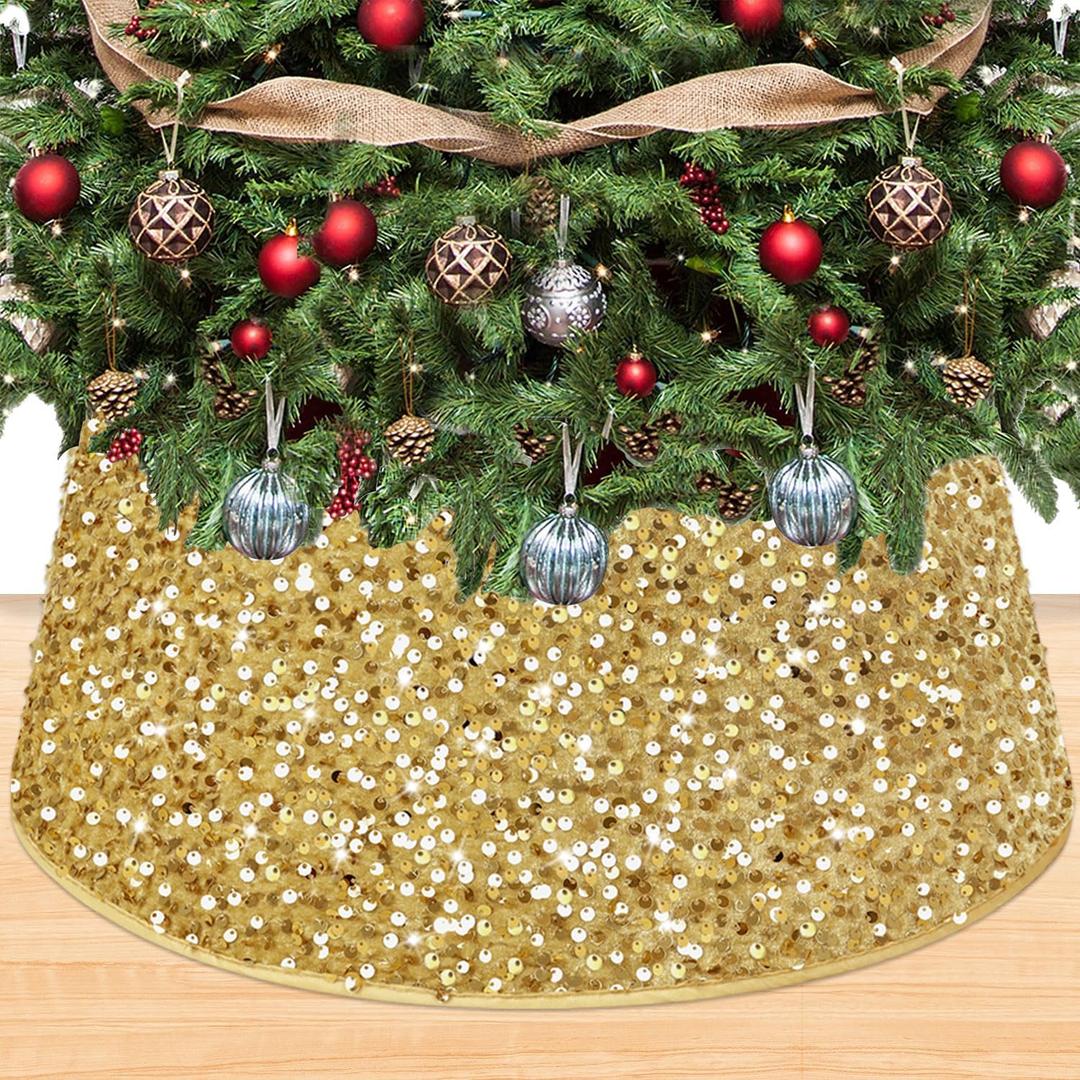Gold Christmas Tree Collar - 23.6 Inch Sequin Skirt, Glitter Xmas Ring, Embroidered Velvet Collar for Pencil Tree, Sparkly Base Cover, Mermaid Stand Collar for Fall, Gold  Gold Christmas Tree Collar - 23.6 Inch Sequin Skirt, Glitter Xmas Ring, Embroidered Velvet Collar for Pencil Tree, Sparkly Base Cover, Mermaid Stand Collar for Fall, Gold