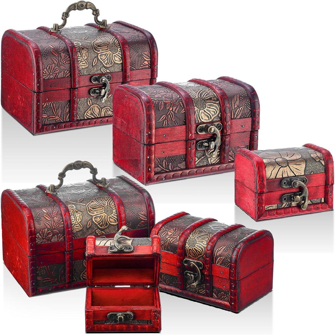 3 Pcs Wooden Treasure Chest Trinket Box Pirate Treasure Chest Box with Mini Metal Lock Decorative for Jewelry Keepsakes Home Decor, 3 Assorted Sizes