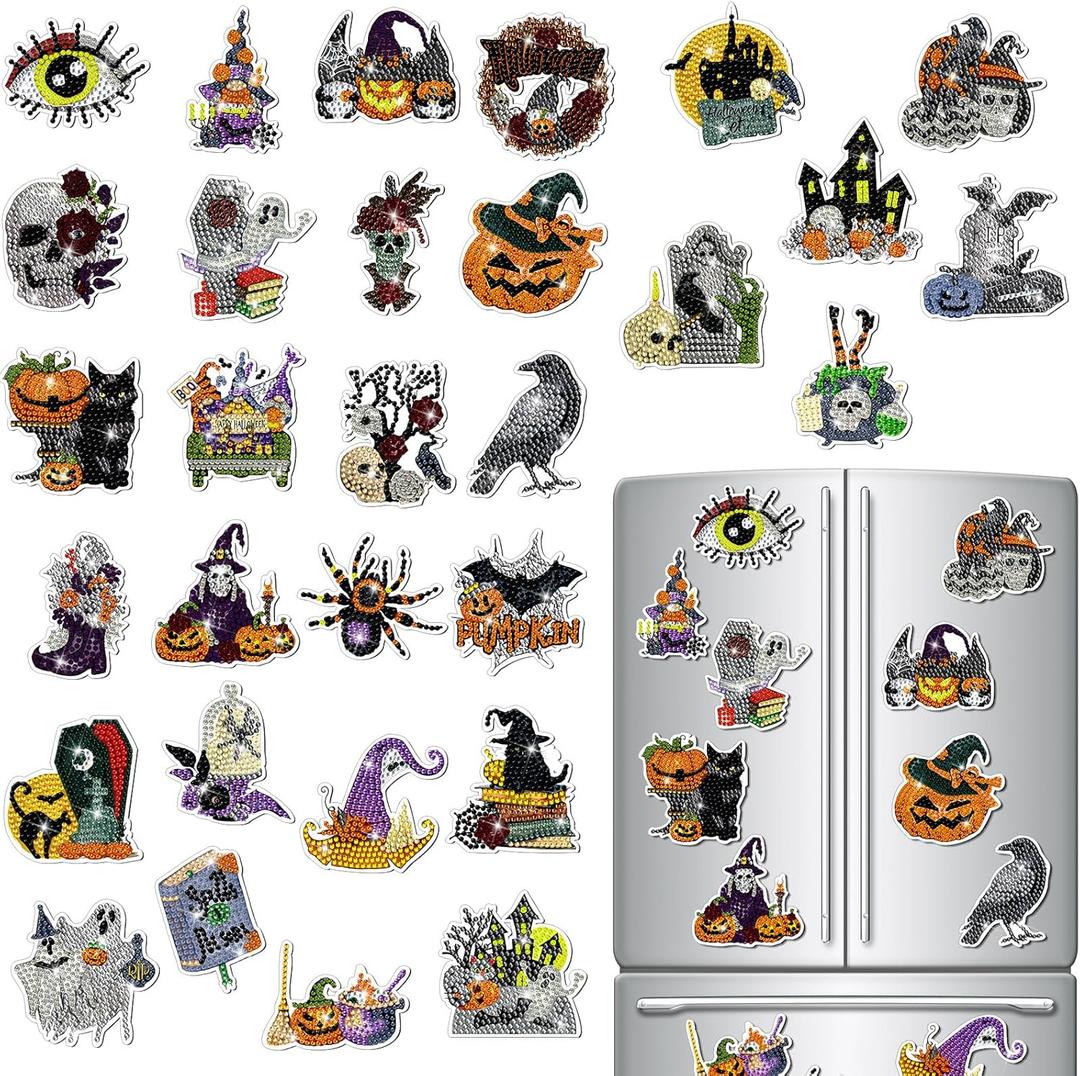 30 Pcs Halloween Diamond Art Magnets Kits DIY Skull Ghost Pumpkin Crow Spider Diamond Painting Fridge Magnetic Stickers Scary Gem Art Magnets for Beginners Holiday Decor Home